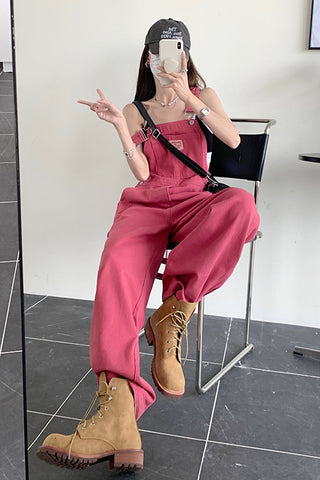 Loose Rose Pink Long Denim Jumpsuit