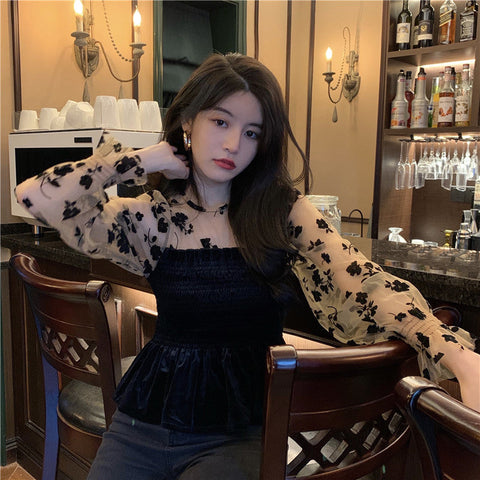 Sexy Floral Mesh Patchwork Transparent Shirt
