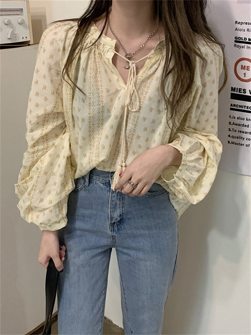Vintage Printed Lace Up Loose Blouse Shirt