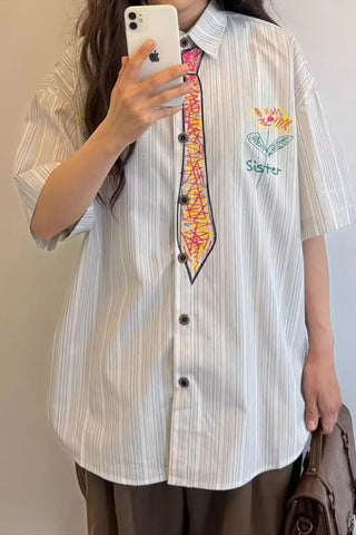 Short Sleeve Cute Tie Hand Painted Striped Blouse Shirts