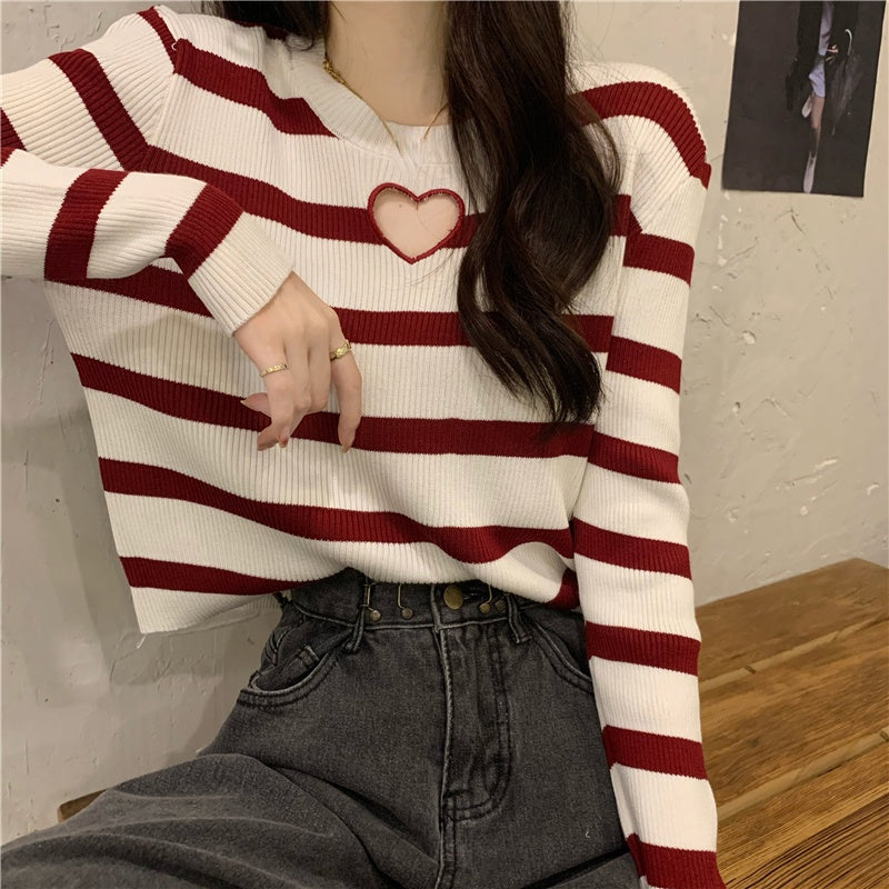 Cute Love Hole Shaped Striped Sweater