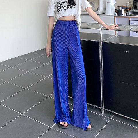 Solid Elastic Waist Pleated Loose Pants