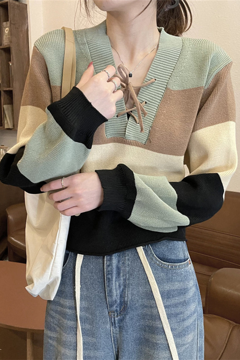 Lace Tie Striped Cropped Sweater