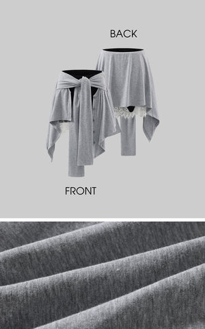 Gray Asymmetric Skirt with Lace Panel and Tie Detail