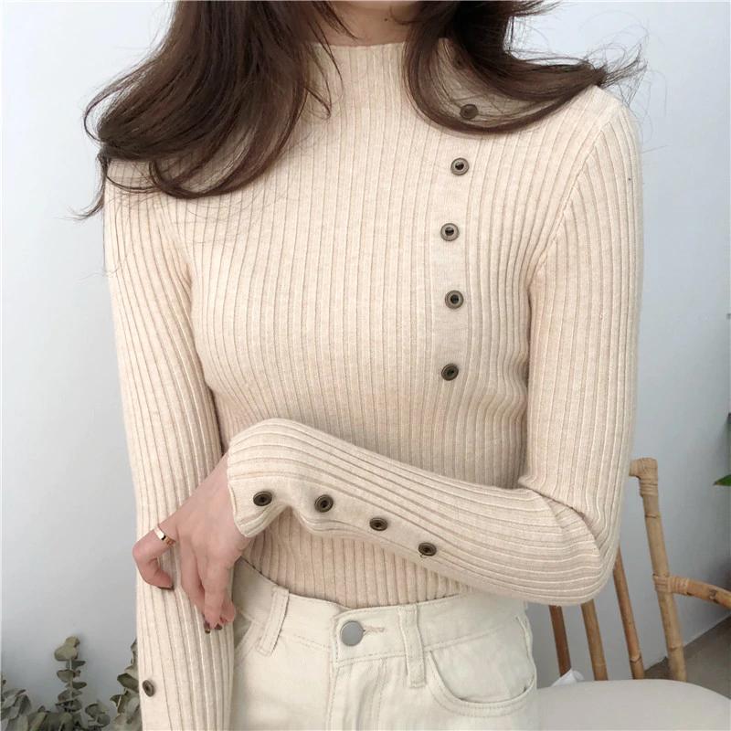 Button Design Casual Turtleneck Sweater