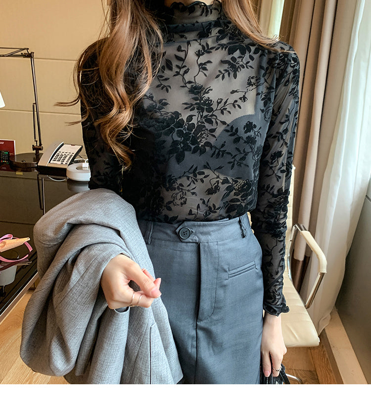 Camisa de manga larga transparente de malla con estampado floral y cuello alto 