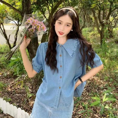 Short Sleeve Peter Pan Collar Denim Shirt