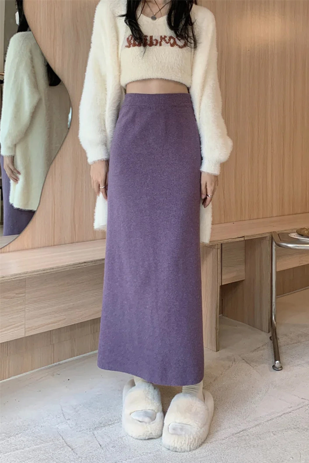 High Waist A-Line Knitted Ankle Length Skirts