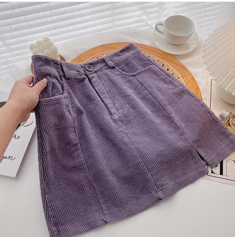 High Waist A-Line Solid Corduroy Mini Skirts