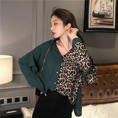 Half Leopard Combination V-Neck Blouse Shirt