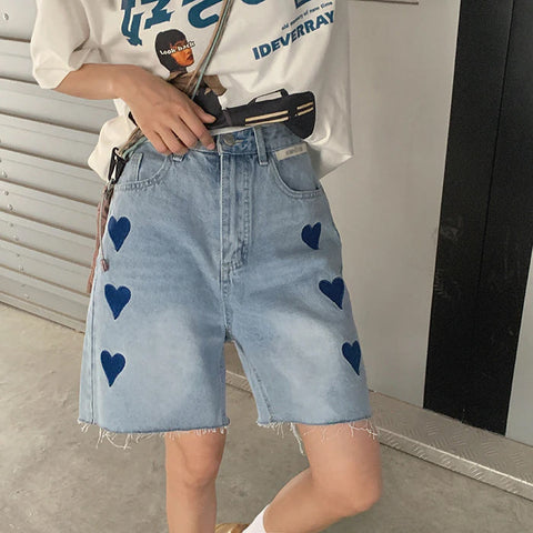 High Waist Cute Heart Shape Vintage Shorts Jeans