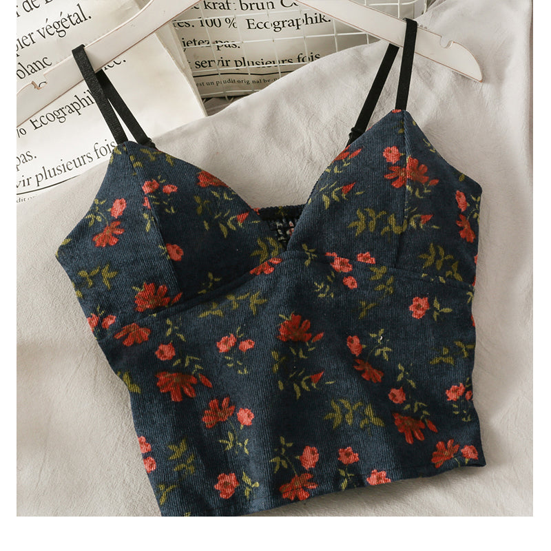 Backless V-Neck Floral Printed Tank Crop Tops