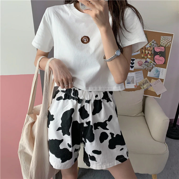 High Waist Cow Pattern Wide Leg Shorts Pants