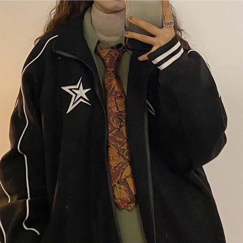 Star Letter Embroidery Stand Neck Retro Jacket