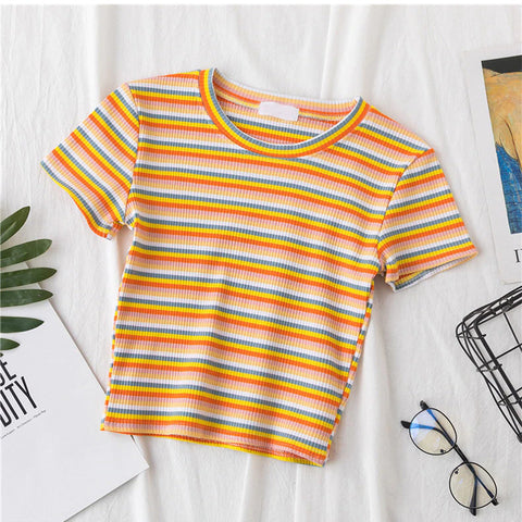 Rainbow Striped Cropped Slim Shirt