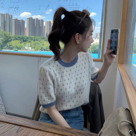 Retro Diamonds Pattern Cropped Slim Shirt