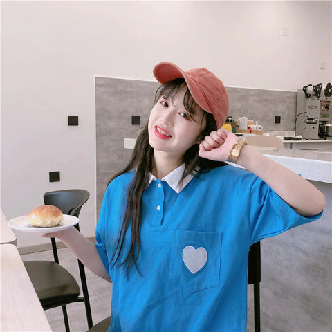 Cute Heart Pocket Embroidery Polo Shirt