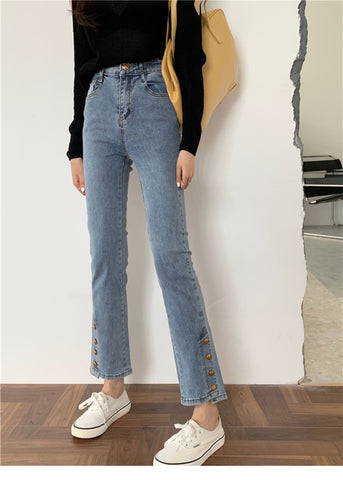 High Waist Slim Button Long Jeans Pants