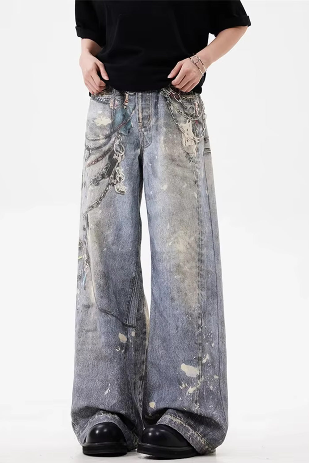 Loose 3D Chain Realistic Printed Jeans Pants