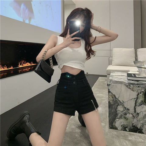 Sexy Cut Off Zippers Black Shorts Jeans