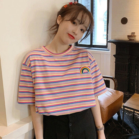 Rainbow Pocket Embroidered Casual Striped Shirt