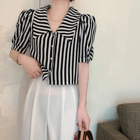 Rot gestreiftes Vintage-Bluse-Shirt mit Puffärmeln 