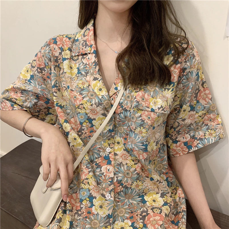 Casual Flowers Pattern Notched Collar Blouse Shirt