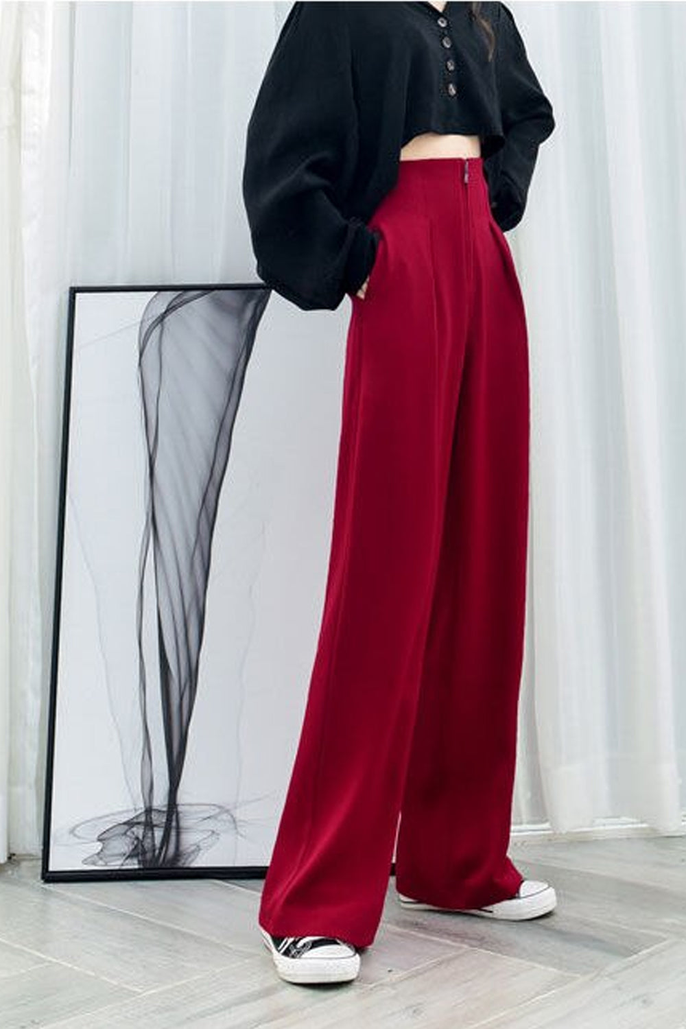 High Waist Wide Leg Zip Elegant Office Pants