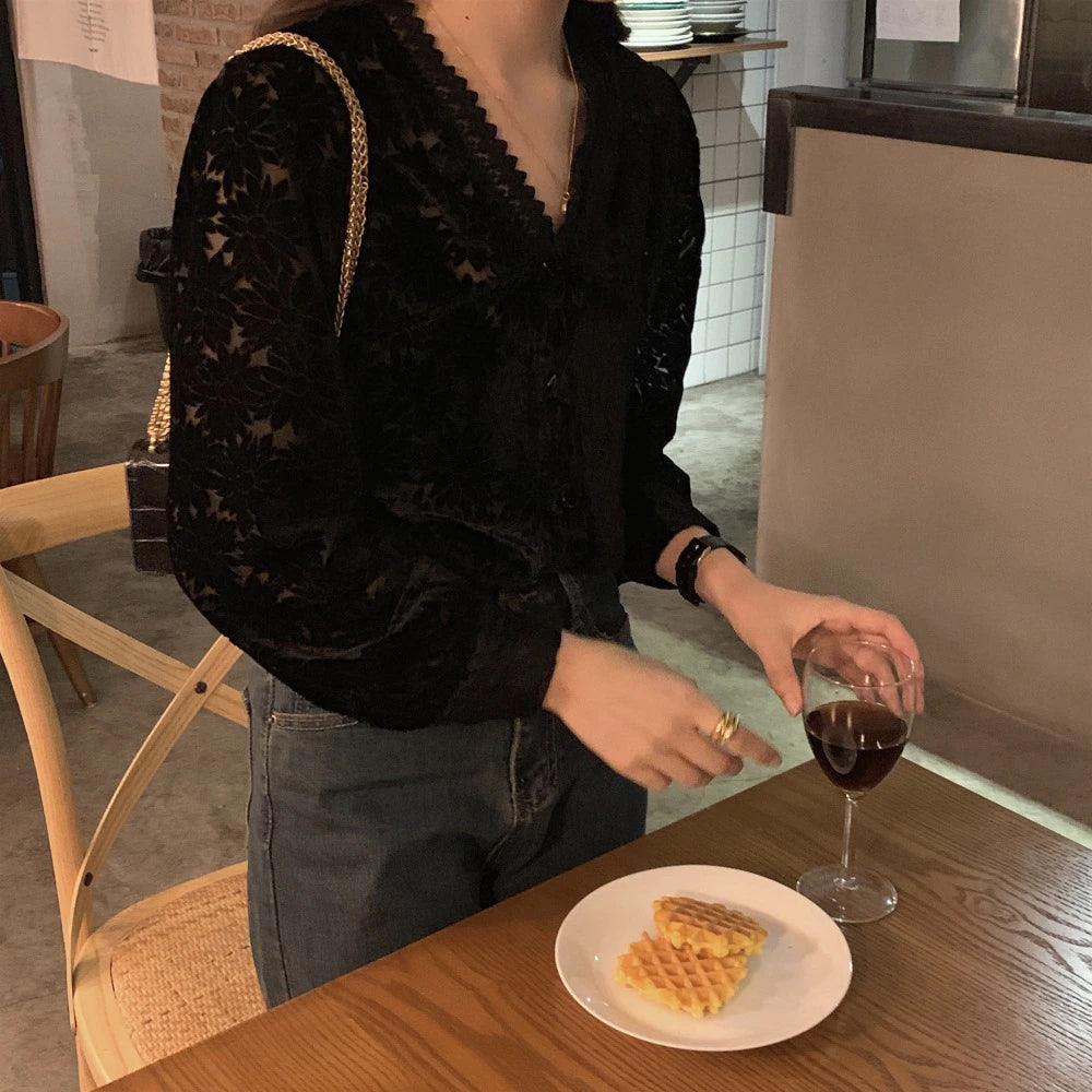 Sexy V-Neck Velvet Black Elegant Long Sleeve Shirt