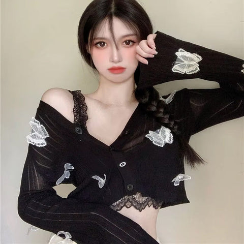 Long Sleeve 3D Butterfly Lace Embroidered Sweater