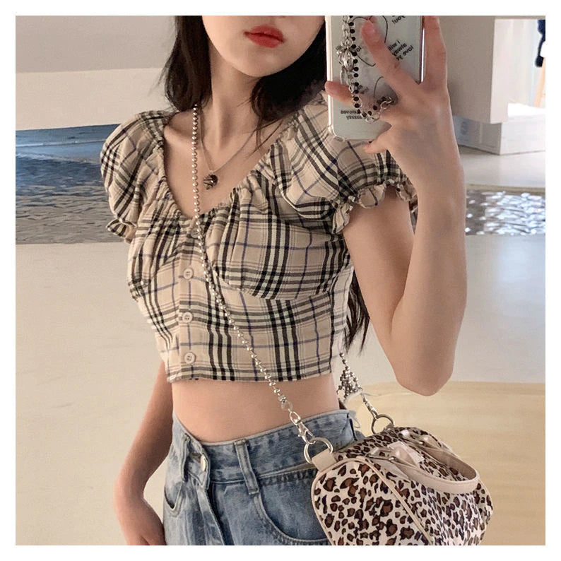 Sexy Crop Tops mit Puffärmeln und Karomuster 