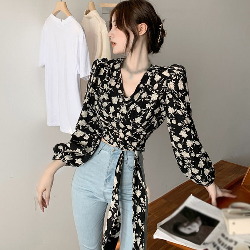 Long Sleeve V-Neck Chiffon Floral Shirt