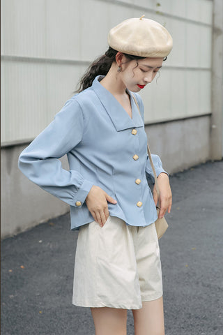 Big Collar Button Up Office Blue Blouse Shirt