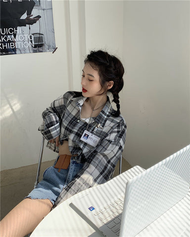 Sexy Plaid Long Sleeve Cropped Shirt