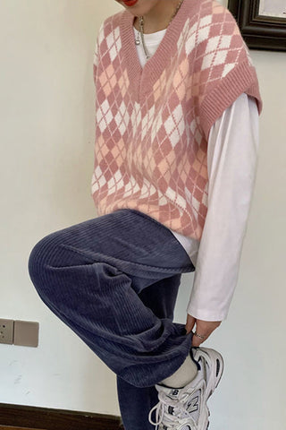 Pink Argyle Pattern V-Neck Knitted Vest Sweater