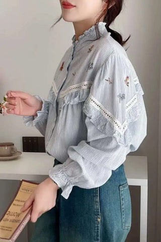 Long Sleeve High Neck Striped Blouse Shirt