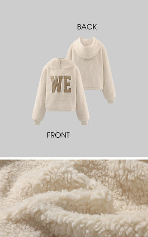Oversized Wool-like Fleece Hoodie with WE Letter Patch