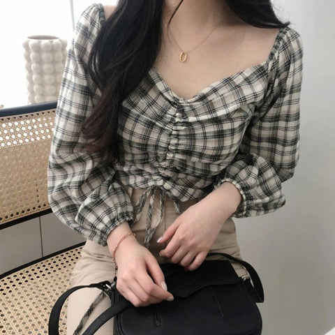 V-Neck Strapless Square Collar Plaid Cropped Blouse