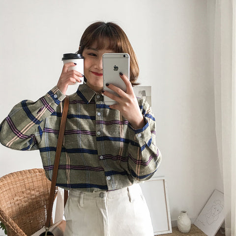 Camisa de manga larga con patchwork de colores a cuadros 