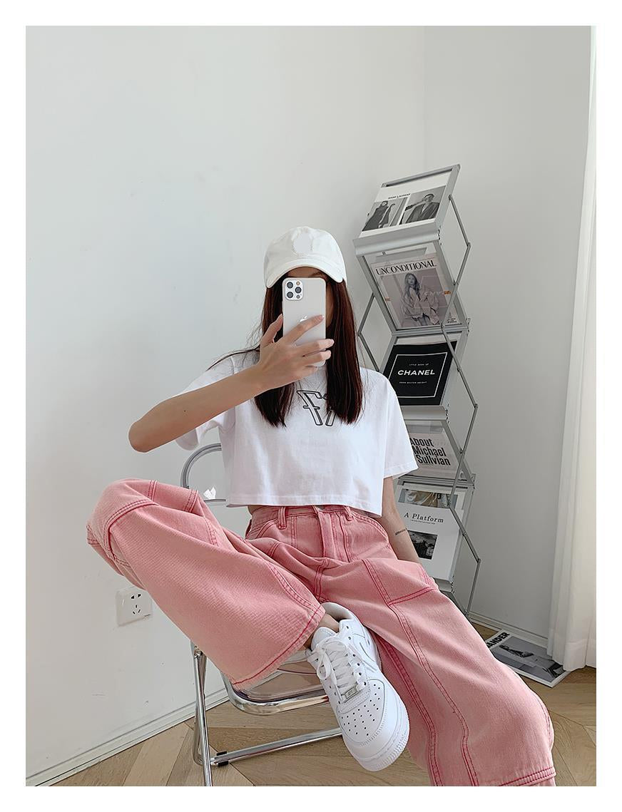 High Waist Loose Pink Jeans Pants