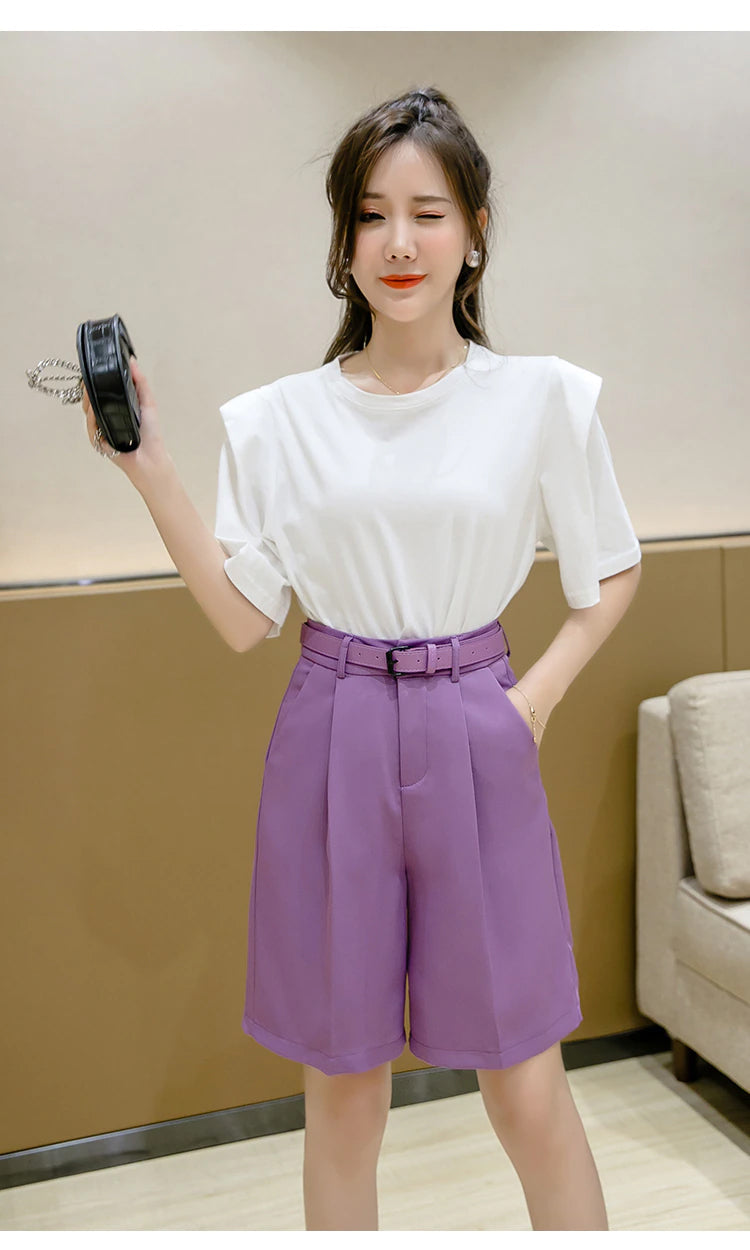 High Waist Wide Leg Loose Office Shorts With Belt