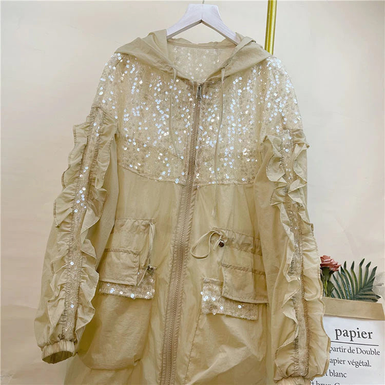 Long Sleeve Mid Length Sequined Transparent Hoodie