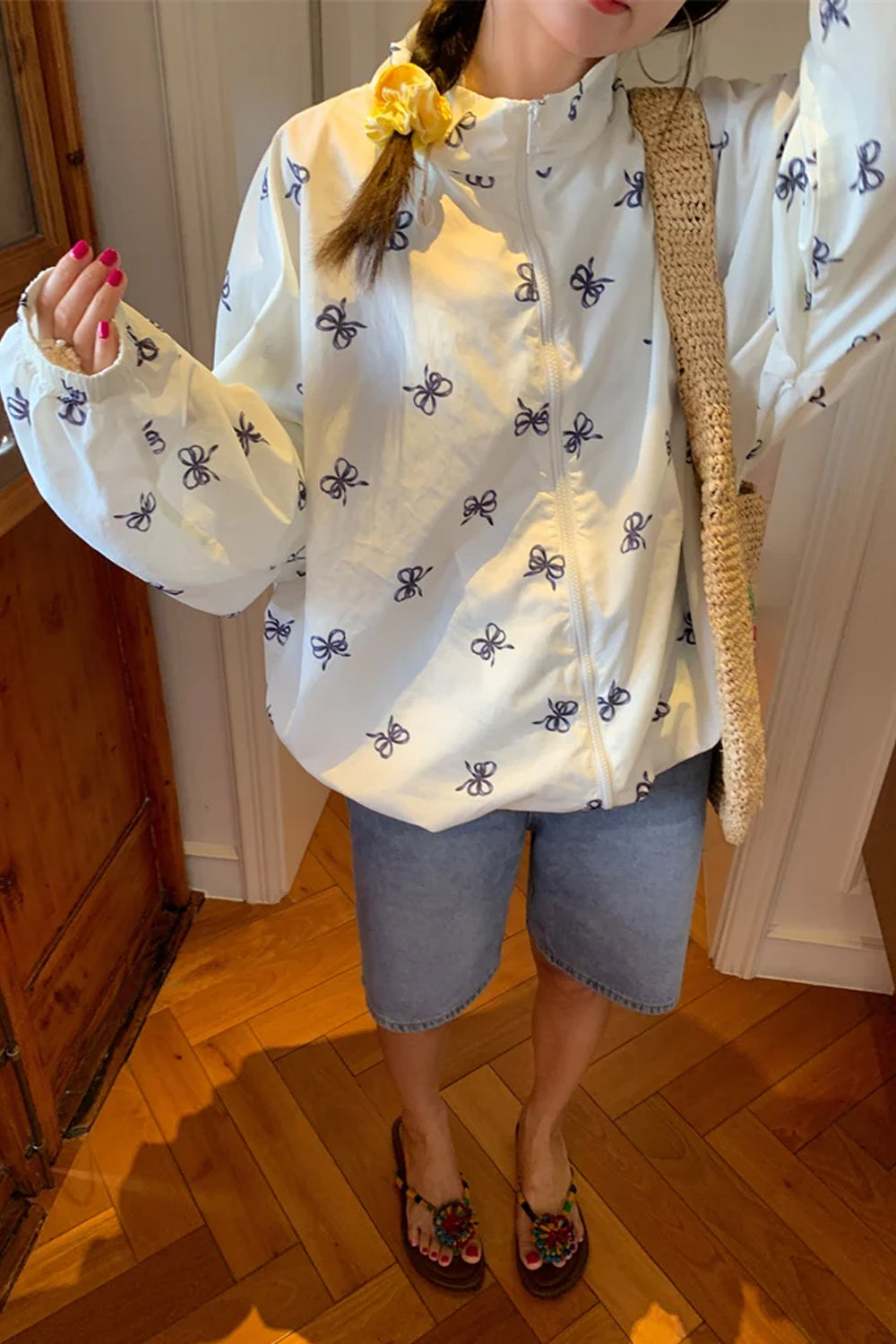 Casual Bow Printed Stand Neck Retro Zipper Jacket