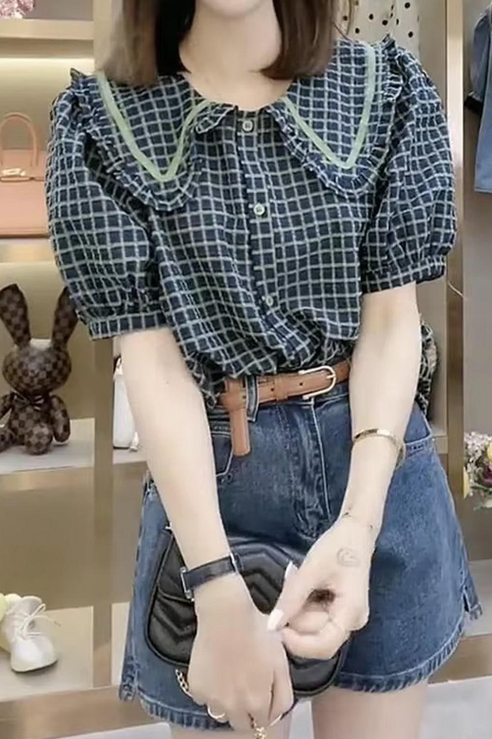 Puff Sleeve Peter Pan Collar Design Plaid Shirt