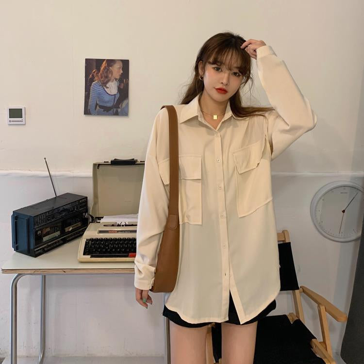 3 Colors Loose Pocket Stylish Blouse Shirt