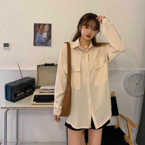 3 Colors Loose Pocket Stylish Blouse Shirt