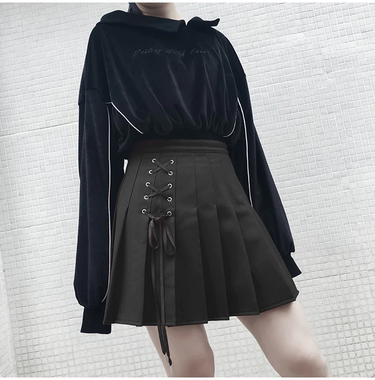 High Waist Pleated Tie Style Mini Skirt