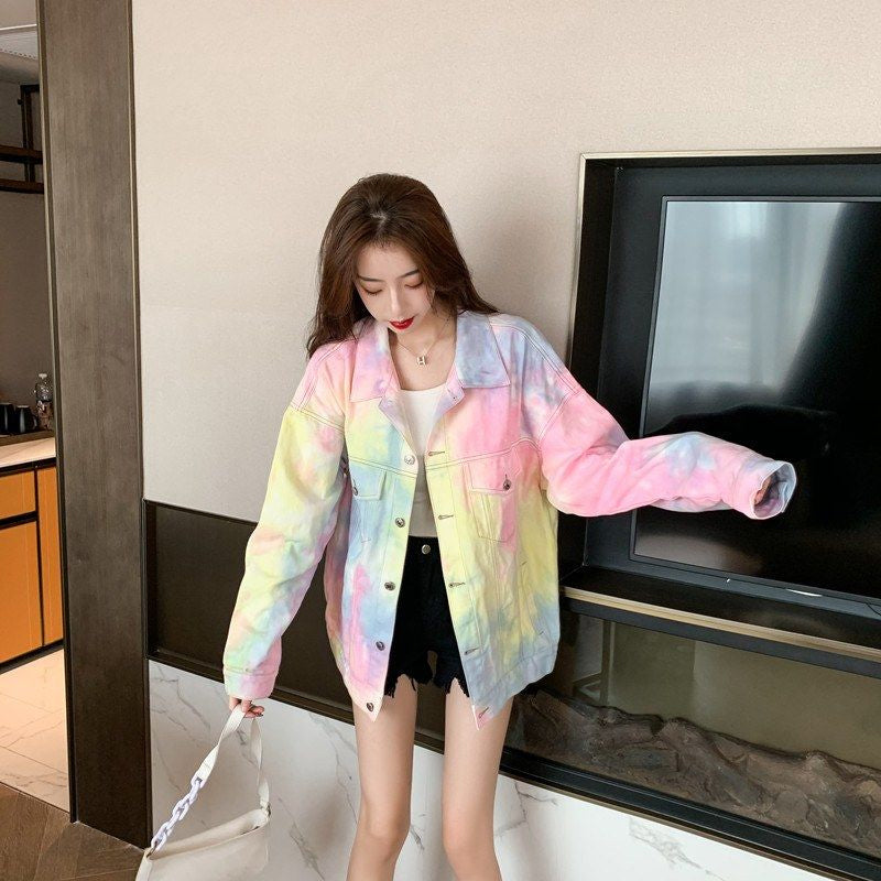 Rainbow Tie Dye Casual Denim Jacket