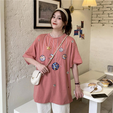 Cartoon Planet Embroidered Loose Shirt