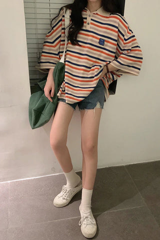 Fun Striped Loose Style Collar Shirt